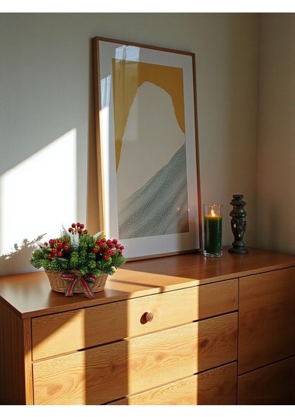 Yapay Çiçek Sepeti Yılbaşı Ev Dekorasyonu 35X25 cm Kokina ve Çam Dalları Masa Süsü Dekor Hediyelik