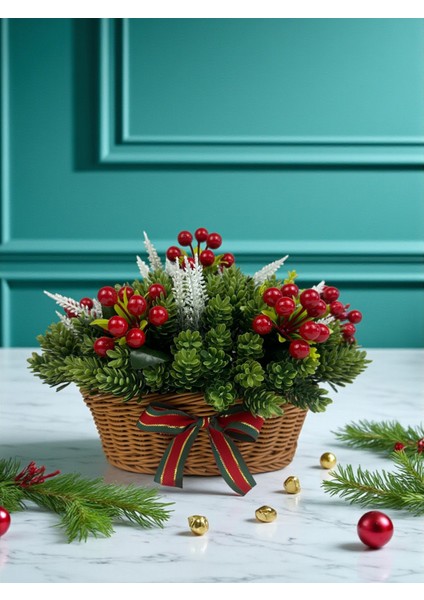 Yapay Çiçek Sepeti Yılbaşı Ev Dekorasyonu 35X25 cm Kokina ve Çam Dalları Masa Süsü Dekor Hediyelik