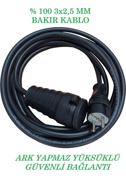 3x2,5 mm %100 Bakır Uzatma Kablosu. Kauçuk Fiş+Kauçuk Priz. Ev Tipi Prizden Elektrili Araç Şarjına Uygun. Yüksek Akım Kapasiteli.