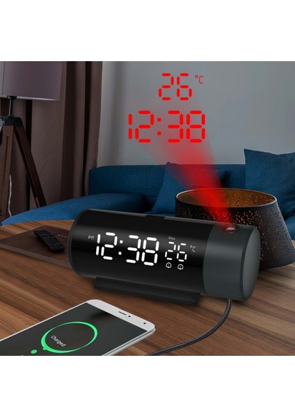 Projeksiyonlu Silindir USB Güç LED Ekran Çalar Saat Sıcaklık Çift Alarm