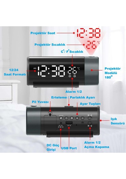Projeksiyonlu Silindir USB Güç LED Ekran Çalar Saat Sıcaklık Çift Alarm fırsatları