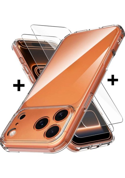 iPhone 17 Pro Kılıf Şeffaf Esnek Clear Sararmaz Silikon + Kırılmaz 3D Ekran Cam Koruyucu 2ın1 Set