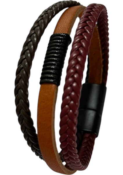 Erkek Bileklik Mıknatıslı Suni Deri Boncuk Taşlı Charm Hasır Örgü Bileklik