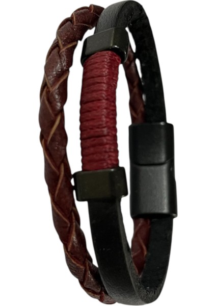 Erkek Bileklik Mıknatıslı Suni Deri Boncuk Taşlı Charm Hasır Örgü Bileklik