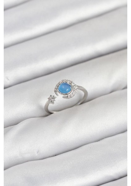 Pirinç Gümüş Renk Zirkon Taşlı Ay Yıldız Kadın Yüzük - TJ-BYK3861