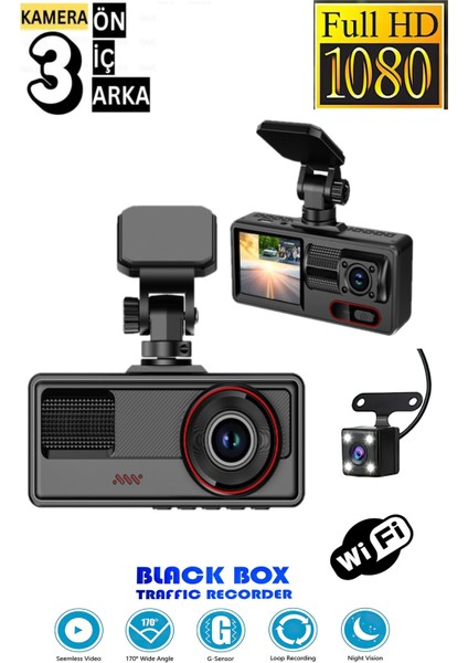 3 Kameralı /1080P Ultra Kaliteli/ Wifi Özellikli/g-Sensör/gece Görüş/araç Içi Araç Kamera Dash Cam