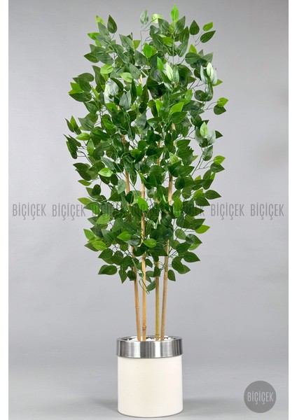 Yapay Benjamin Ağacı 140CM Krem Gümüş Metal Saksıda
