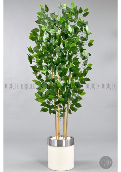 Yapay Benjamin Ağacı 140CM Krem Gümüş Metal Saksıda
