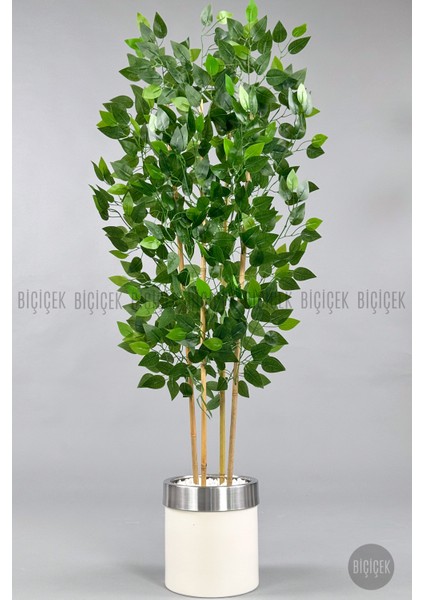 Yapay Benjamin Ağacı 140CM Krem Gümüş Metal Saksıda