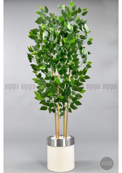 Yapay Benjamin Ağacı 140CM Krem Gümüş Metal Saksıda