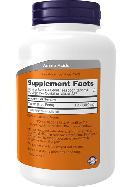 Taurine Pure Powder Nervous System Health Amino Acid 1000 Mg 227 Gram fiyatları