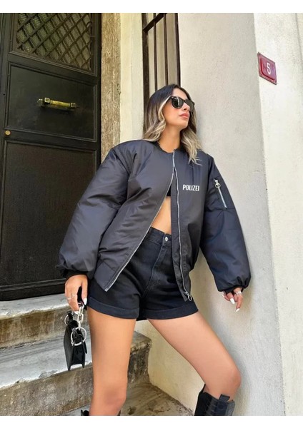 Unisex Uzun Kol Baskılı Bomber Ceket - Siyah fiyatları