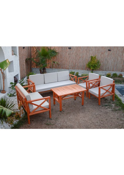 Ahşap Bahçe Mobilyası Balkon Takımı 3lü Koltuk I 2 x Tekli Koltuk I 1 Çiftli Koltuk I Masa I Minderler Dahil