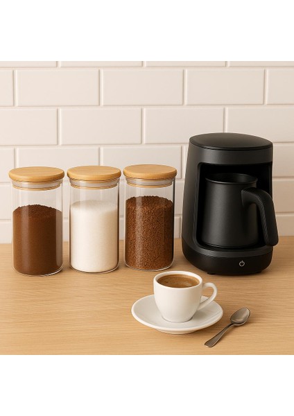 3 Lu Çay +Şeker+ Kahve Saklama Kabı SETİ-ETİKETLİ-420 Ml-Bambu Kapaklı-7 cm x 15 Cm-Sılıkonlu