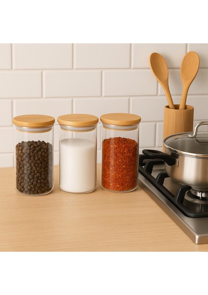 3 Lu Çay +Şeker+ Kahve Saklama Kabı SETİ-ETİKETLİ-420 Ml-Bambu Kapaklı-7 cm x 15 Cm-Sılıkonlu fiyatları