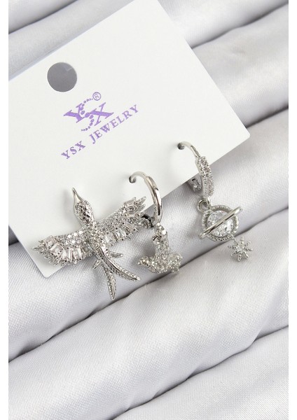 Pirinç Zirkon Taşlı 3'lü Kuş Model Gümüş Renk Kadın Küpe - TJ-BKP11124