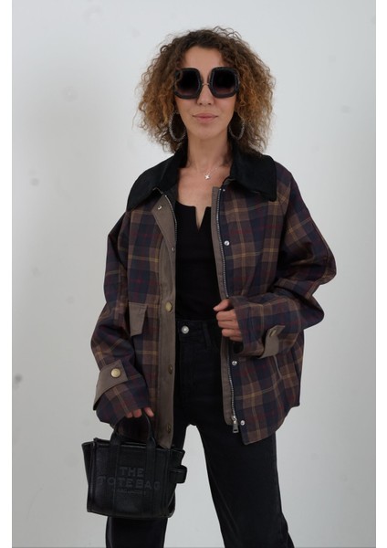 Kadife Kontrast Yaka Ekose Ceket