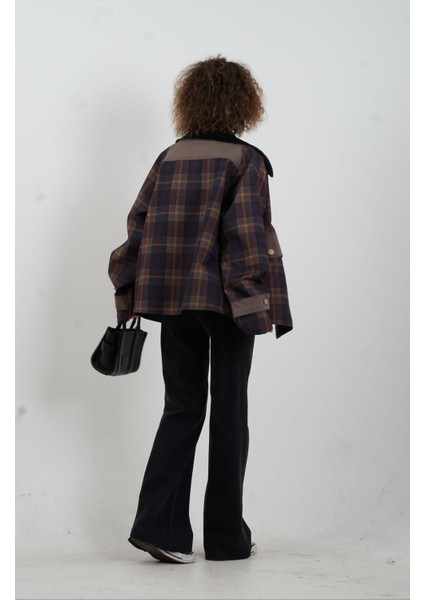 Kadife Kontrast Yaka Ekose Ceket