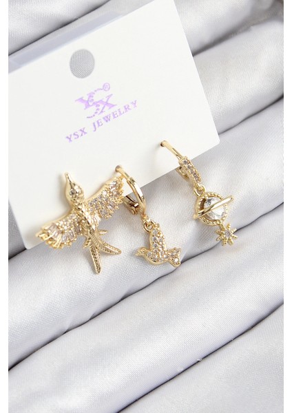 Pirinç Zirkon Taşlı 3'lü Kuş Model Gold Renk Kadın Küpe - TJ-BKP11133