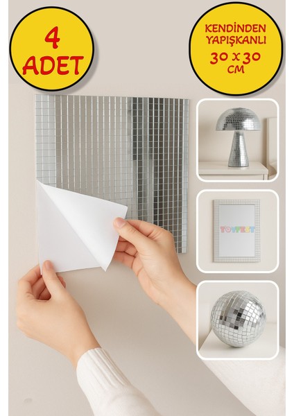 4’lü Kendinden Yapışkanlı Silver Ayna Mozaik Disco Sticker Duvar Çerçeve Eşya Dekoratif KAPLAMA30X30