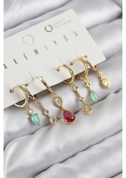 Pirinç Zirkon Taşlı Sallantılı Model Gold Renk 6'lı Küpe Set - TJ-BKP11205