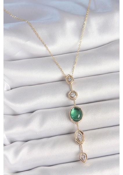 Pirinç Zincir Zümrüt Yeşil Gold Renk Zirkon Taşlı Y Kolye - TJ-BKO10229