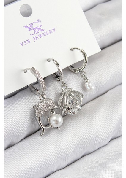 Pirinç Zirkon Taşlı 3'lü Yunus Balığı ve Istiridye Model Gümüş Renk Kadın Küpe - TJ-BKP11127