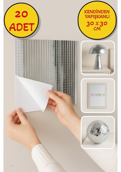20’li Kendinden Yapışkanlı Silver Ayna Mozaik Disco Sticker Duvar Eşya Dekoratif Kaplama 30X30 cm
