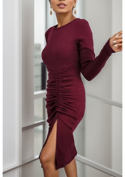 Kadın Uzun Kollu Bisiklet Yaka Yırtmaç Detay Büzgülü Kaşkorse Elbise indirimleri