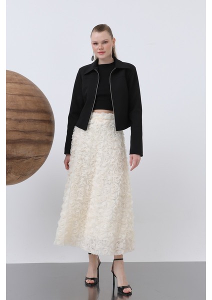 Kadın Gül Motifli Kloş Tül Etek - 20628ETK -