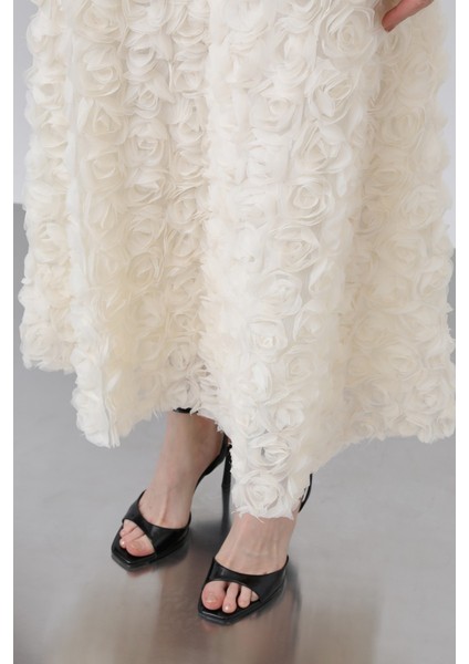 Kadın Gül Motifli Kloş Tül Etek - 20628ETK -