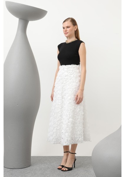 Kadın Gül Motifli Kloş Tül Etek - 20628ETK -