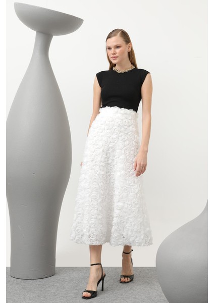 Kadın Gül Motifli Kloş Tül Etek - 20628ETK -