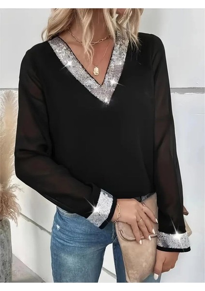 Kadın Uzun Kollu V Pulpayet Yakalı Ithal Krep Bluz fiyatları