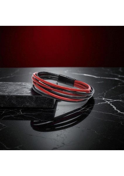 Erkek Bileklik | Kırmızı Siyah Çoklu Katmanlı Tasarım indirimleri