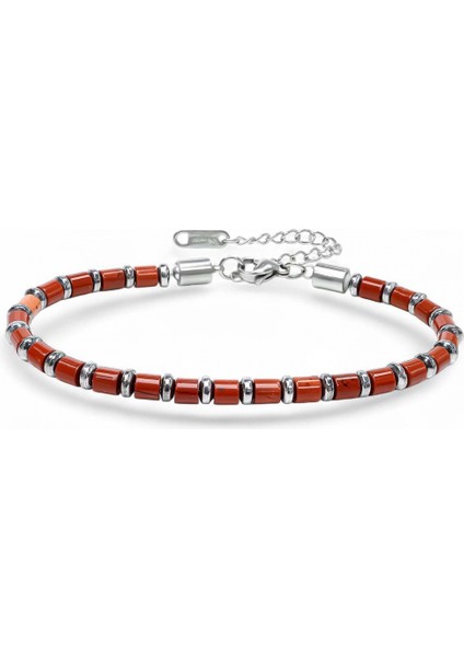 Kırmızı Jasper Silver Hematit Taşlı Ayarlanabilir Çelik Zincir Erkek Bileklik