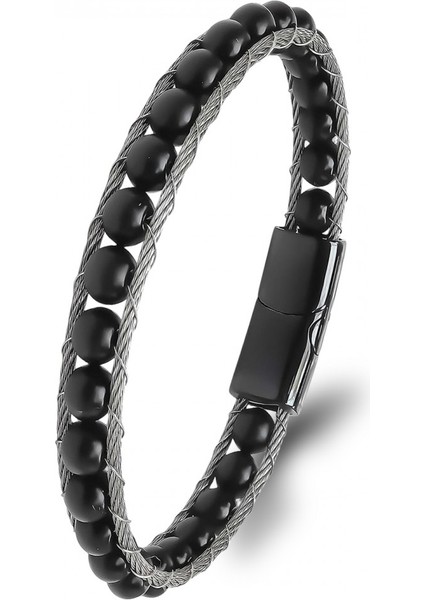 Oniks Doğaltaş ve Çelik Halat Örme Bileklik