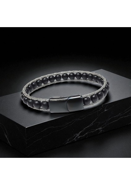 Oniks Doğaltaş ve Çelik Halat Örme Bileklik fırsatları