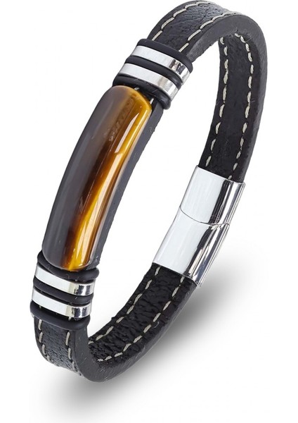 Kaplangözü Taş Deri Kordonlu Titanyum Çelik Erkek Bileklik