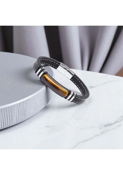Kaplangözü Taş Deri Kordonlu Titanyum Çelik Erkek Bileklik fırsatları