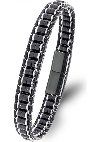 Oniks Hematit Çelik Örgülü Deri Bileklik