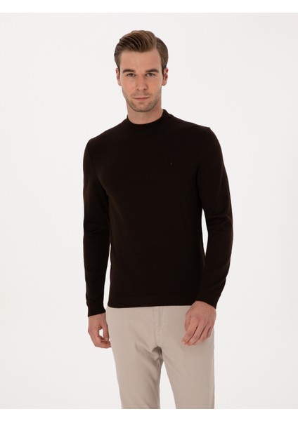 Erkek Kahverengi Slim Fit Yün Karışımlı Çeyrek Balıkçı Basic Triko Kazak 50315295-VR029