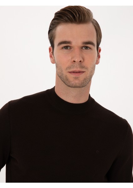 Erkek Kahverengi Slim Fit Yün Karışımlı Çeyrek Balıkçı Basic Triko Kazak 50315295-VR029