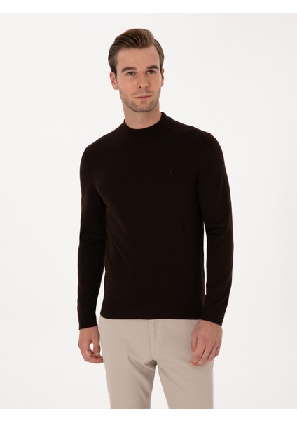 Erkek Kahverengi Slim Fit Yün Karışımlı Çeyrek Balıkçı Basic Triko Kazak 50315295-VR029