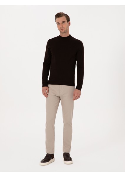 Erkek Kahverengi Slim Fit Yün Karışımlı Çeyrek Balıkçı Basic Triko Kazak 50315295-VR029