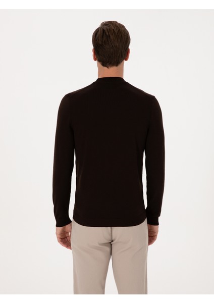 Erkek Kahverengi Slim Fit Yün Karışımlı Çeyrek Balıkçı Basic Triko Kazak 50315295-VR029