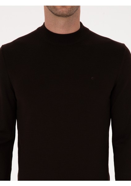 Erkek Kahverengi Slim Fit Yün Karışımlı Çeyrek Balıkçı Basic Triko Kazak 50315295-VR029