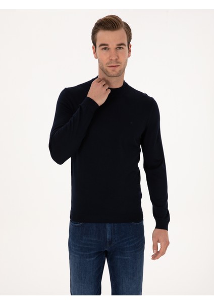 Erkek Lacivert Slim Fit Yün Karışımlı Çeyrek Balıkçı Basic Triko Kazak 50315295-VR033