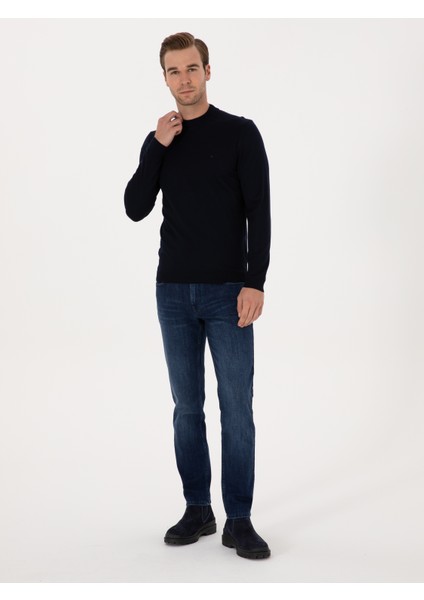 Erkek Lacivert Slim Fit Yün Karışımlı Çeyrek Balıkçı Basic Triko Kazak 50315295-VR033