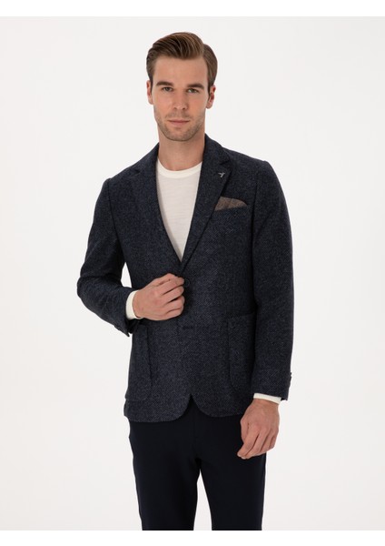 Erkek Lacivert Slim Fit Yün Karışımlı Flanel Görünümlü Ceket 50316800-VR033